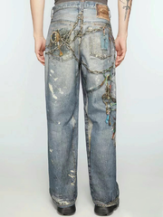 Art print loose denim pants